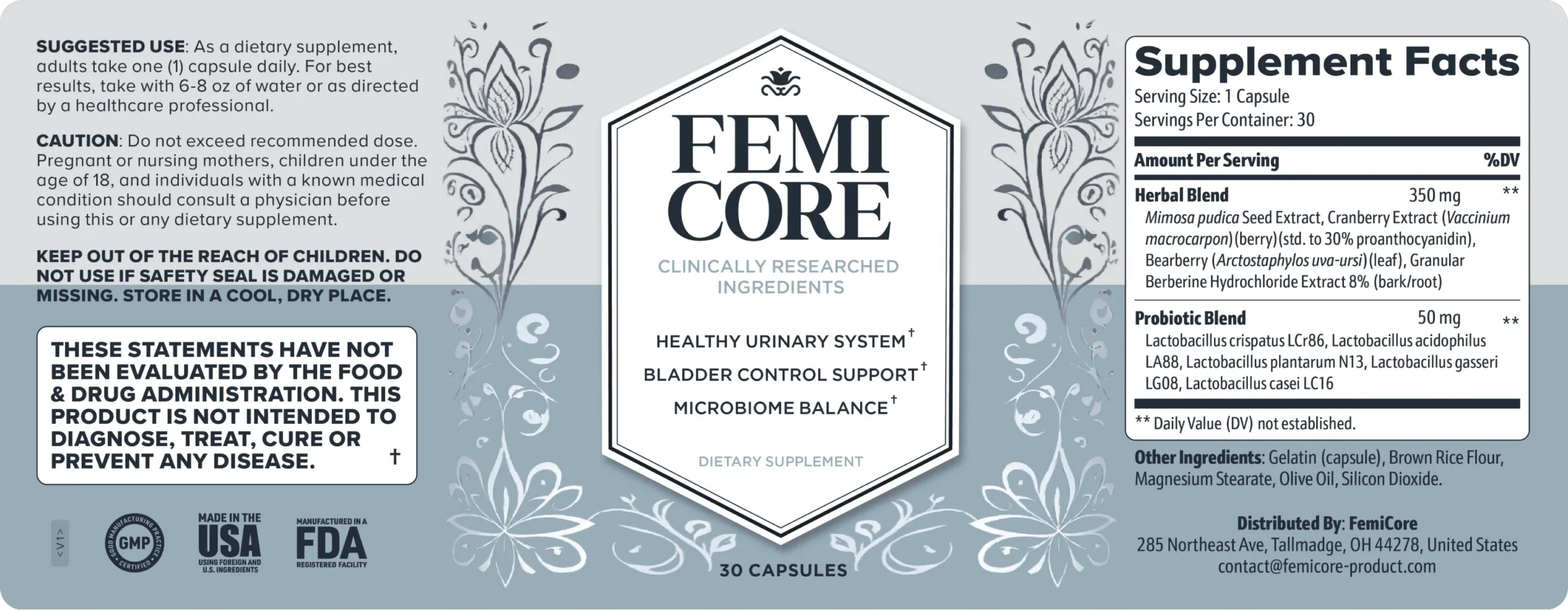 FemiCore supplement label with formula and product information