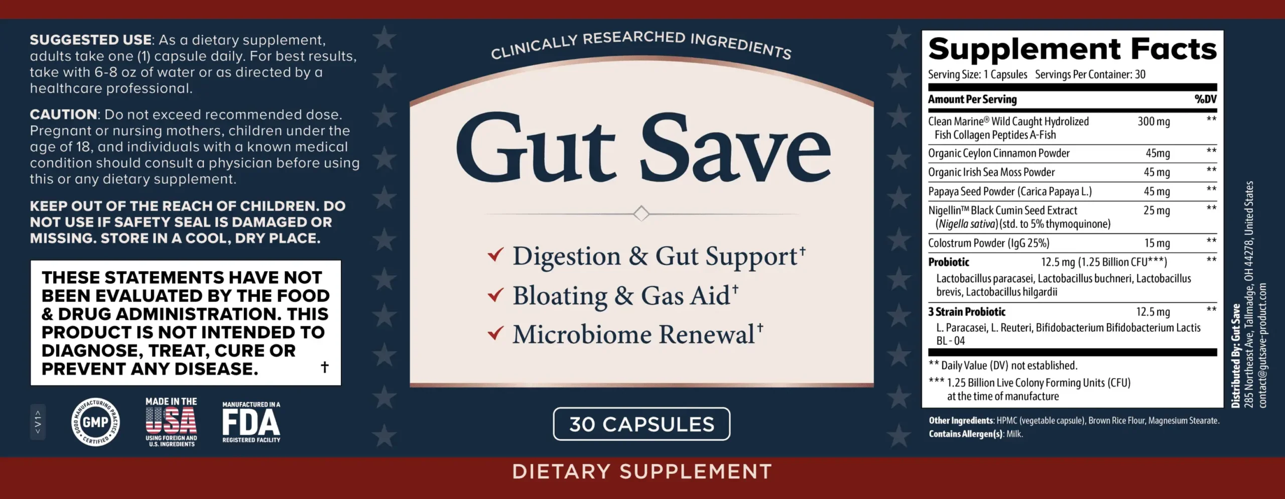 Gut Save original ingredient and Supplement Facts label
